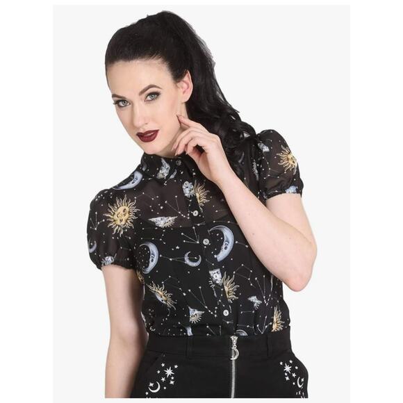 Hell Bunny Tops - Hell Bunny Solaris Sun & Moon 70's Black Blouse Size: S